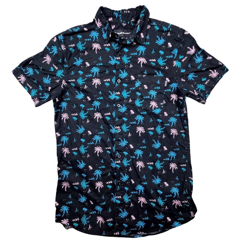 Molokai Surf Co Mens Medium Black Pink Teal Tropical Palm Tree Button Down Shirt